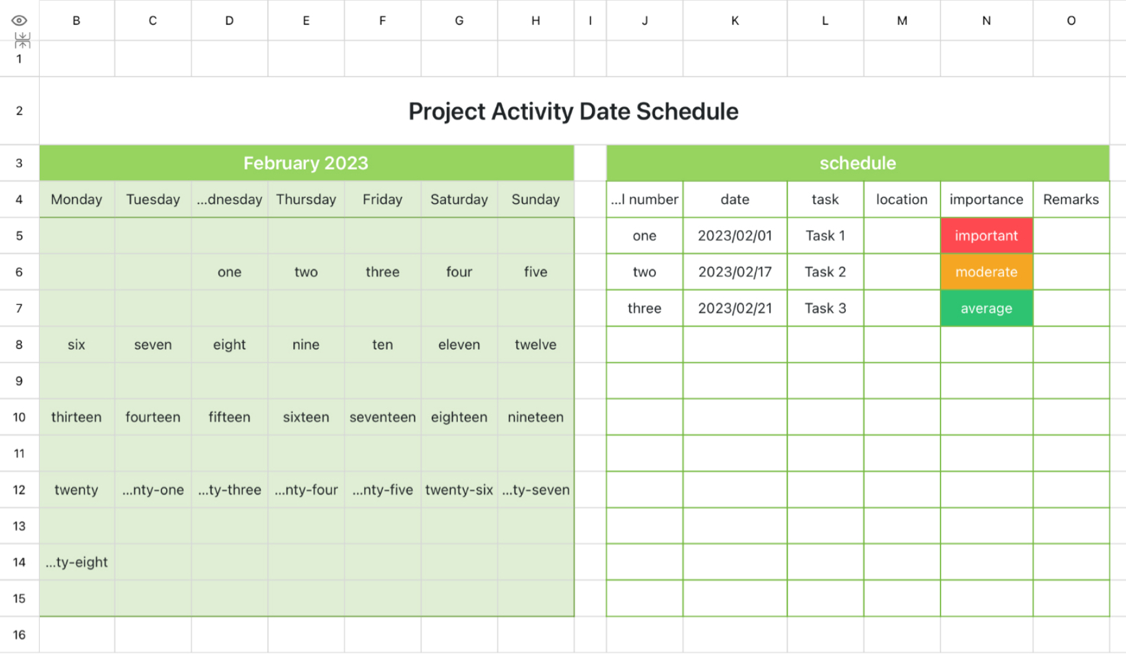 Project Activity Date Schedule